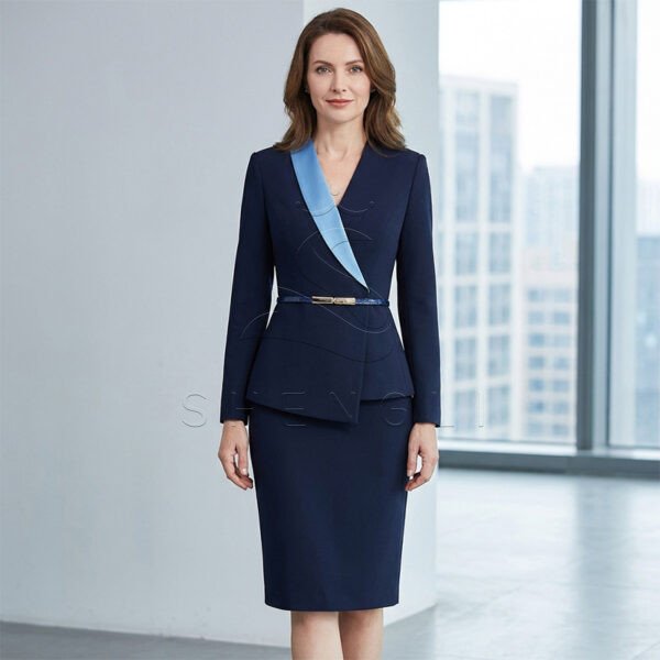 Elegant Navy Blue Women's Business Suit with Belt, Professional 2-Piece Office Skirt Set for Businesswomen