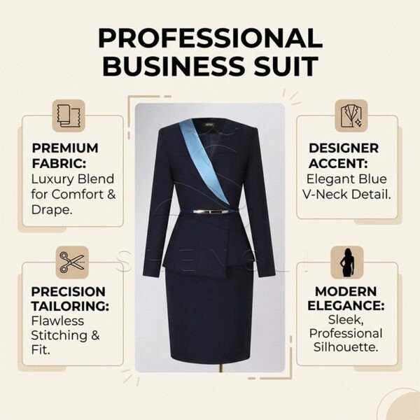 Elegant Navy Blue Women's Business Suit with Belt, Professional 2-Piece Office Skirt Set for Businesswomen