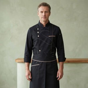 Premium Black Chef Coat with Apron Set, Professional Kitchen Uniform with Moisture-Wicking & Stain-Resistant, Ergonomic Chef Jacket for Restaurants & Hotels
