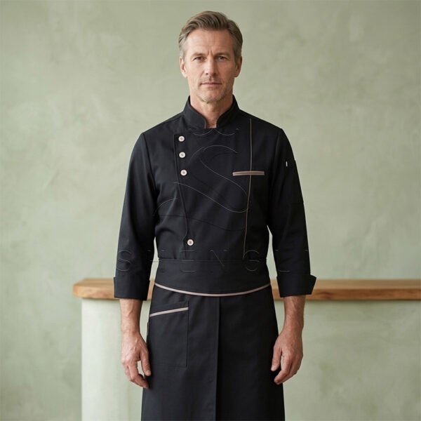 Premium Black Chef Coat with Apron Set, Professional Kitchen Uniform with Moisture-Wicking & Stain-Resistant, Ergonomic Chef Jacket for Restaurants & Hotels