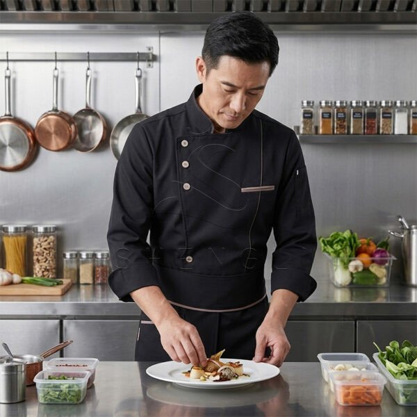 Premium Black Chef Coat with Apron Set, Professional Kitchen Uniform with Moisture-Wicking & Stain-Resistant, Ergonomic Chef Jacket for Restaurants & Hotels