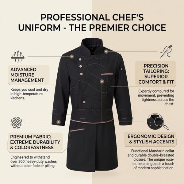 Premium Black Chef Coat with Apron Set, Professional Kitchen Uniform with Moisture-Wicking & Stain-Resistant, Ergonomic Chef Jacket for Restaurants & Hotels