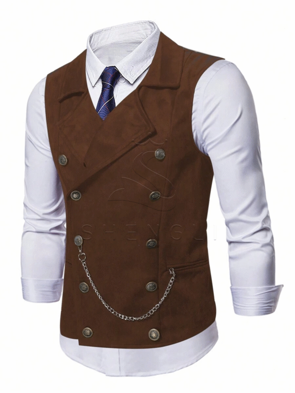 Men's Vintage Double-Breasted Suede Waistcoat with Chain
