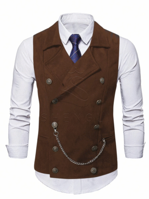 Men's Vintage Double-Breasted Suede Waistcoat with Chain