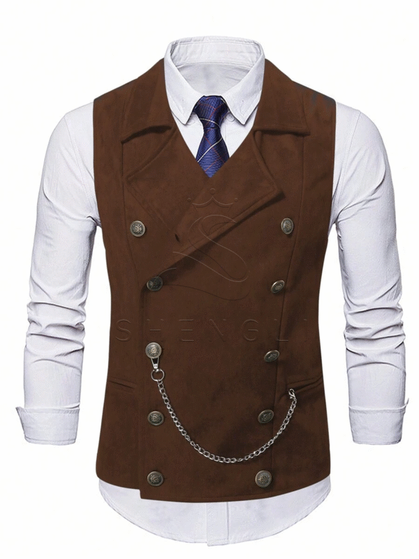 Men's Vintage Double-Breasted Suede Waistcoat with Chain