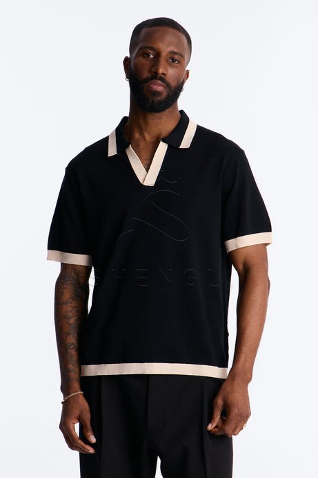 Black Polo Shirt for Men - Premium Rayon Short Sleeve Polo with Contrast Trim