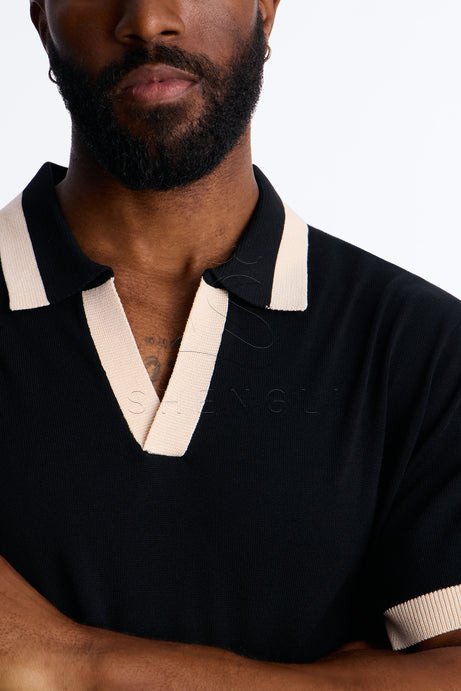 Black Polo Shirt for Men - Premium Rayon Short Sleeve Polo with Contrast Trim