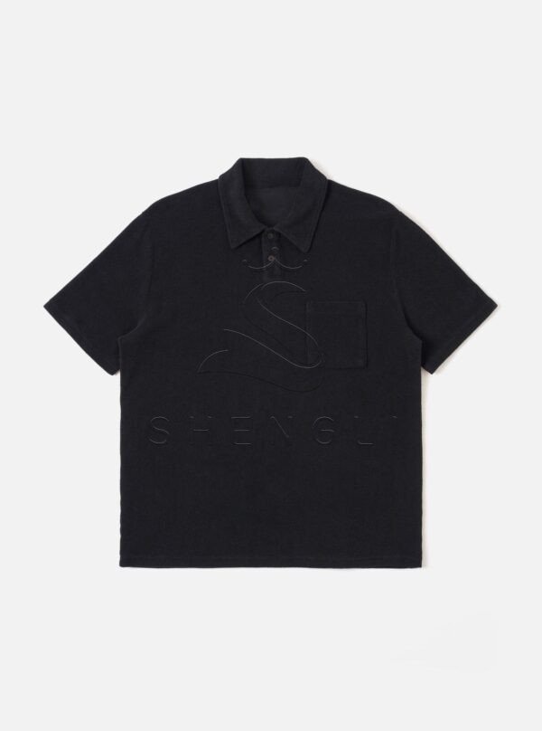 Black Premium Terry Cloth Pocket Polo Shirt – Casual Relaxed Fit Short Sleeve Top