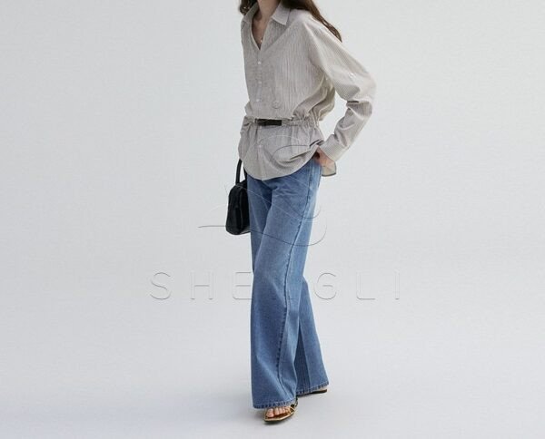 V-Neck High-Waist Striped Loose Blouse - Elegant Early Autumn Commuter Women's Top