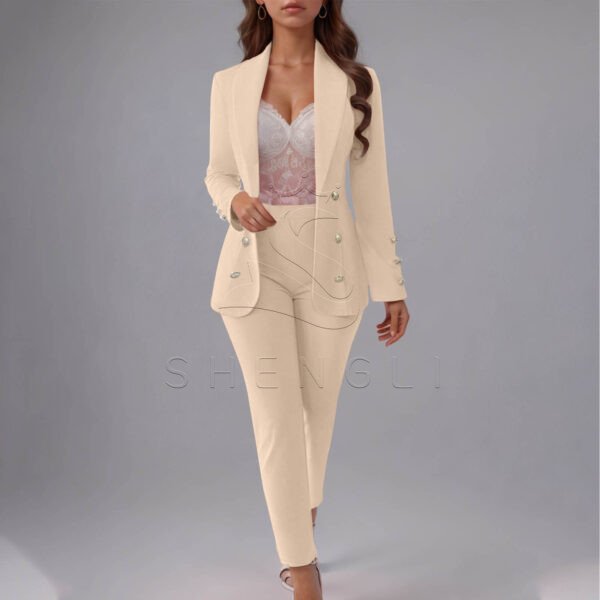 Elegant Double Breasted Gold Buttons Women Business Suit Two Piece Blazer And Pants Set