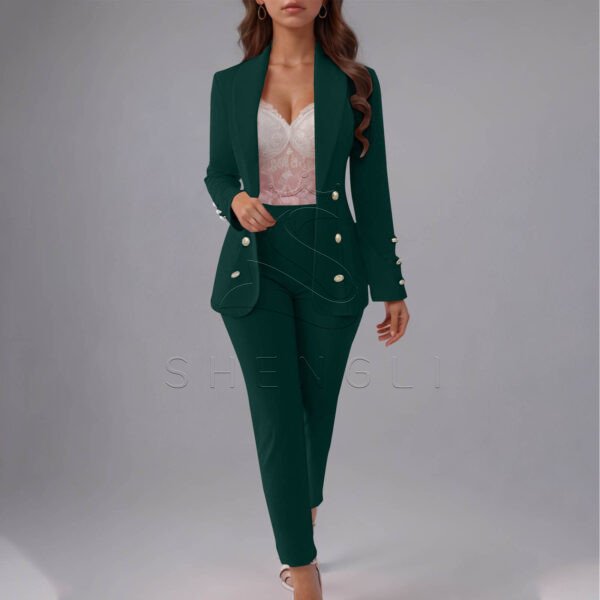 Elegant Double Breasted Gold Buttons Women Business Suit Two Piece Blazer And Pants Set