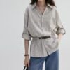 V-Neck High-Waist Striped Loose Blouse - Elegant Early Autumn Commuter Women's Top