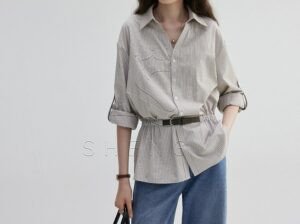 V-Neck High-Waist Striped Loose Blouse - Elegant Early Autumn Commuter Women's Top