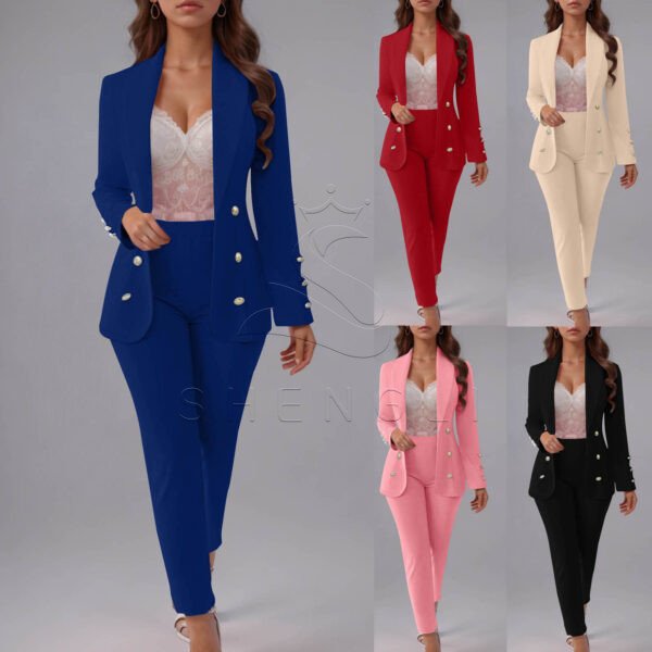 Elegant Double Breasted Gold Buttons Women Business Suit Two Piece Blazer And Pants Set