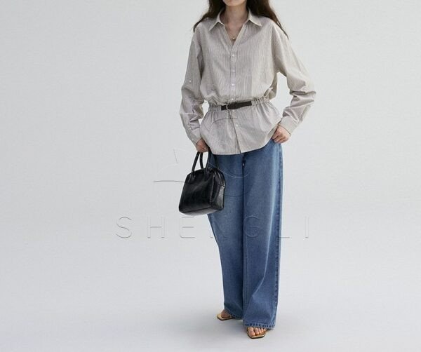 V-Neck High-Waist Striped Loose Blouse - Elegant Early Autumn Commuter Women's Top