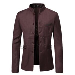 Men's Burgundy Stand Collar Blazer | Slim Fit Chinese Style Suit Jacket