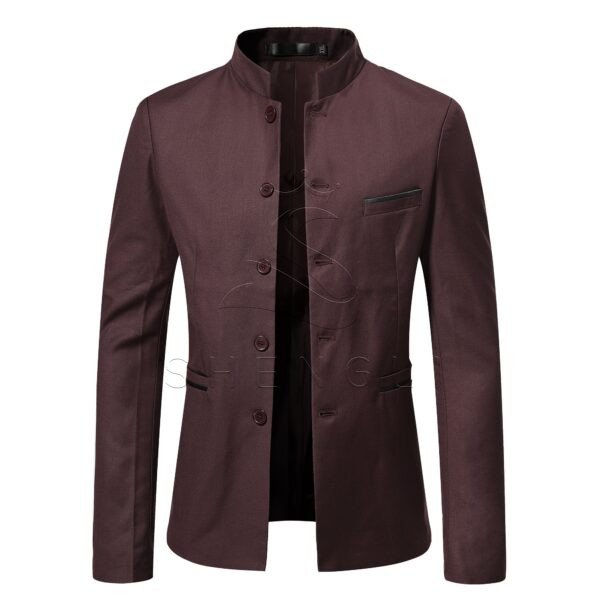 Men's Burgundy Stand Collar Blazer | Slim Fit Chinese Style Suit Jacket