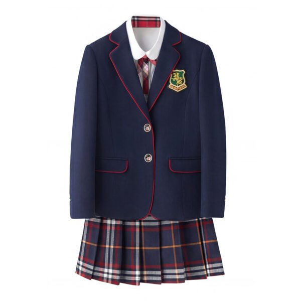 British Prep School Uniform Set | Girls Classic British Style Blazer & Plaid Skirt with Tie