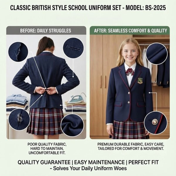 British Prep School Uniform Set | Girls Classic British Style Blazer & Plaid Skirt with Tie