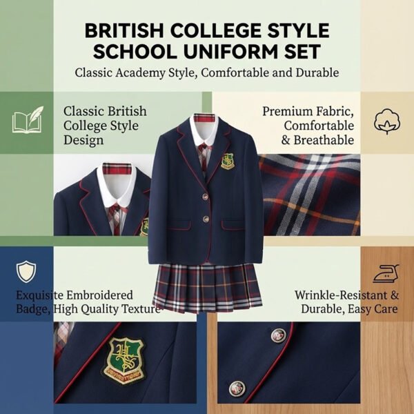 British Prep School Uniform Set | Girls Classic British Style Blazer & Plaid Skirt with Tie