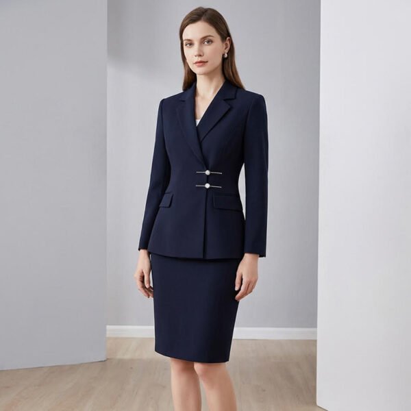 Navy Rhinestone-Button Skirt Suit | Women's Tailored Business Formal Wear