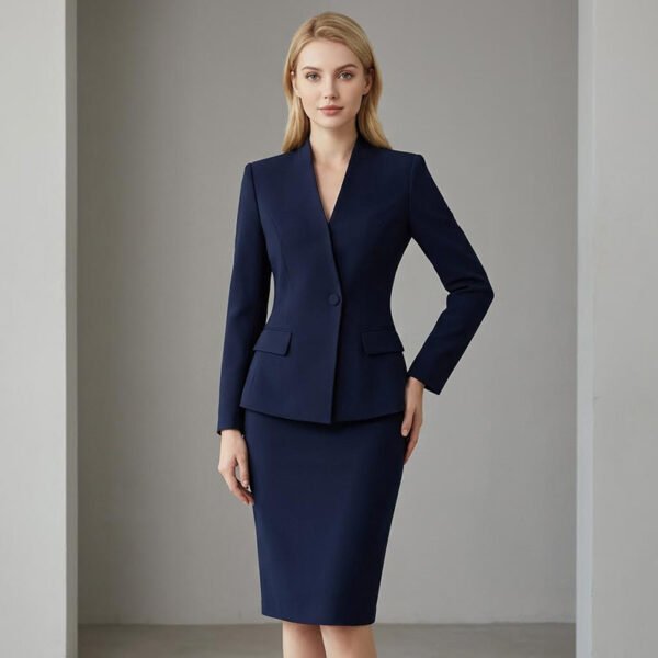 Navy Blue V-Neck Skirt Suit | Women's Tailored Professional Business Wear