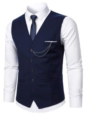 Men’s Navy Slim Fit Suit Waistcoat with Chain Detail
