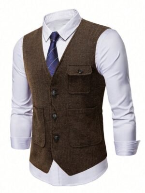 Men's Herringbone Tweed Vest – Classic V-Neck Waistcoat for Business & Casual