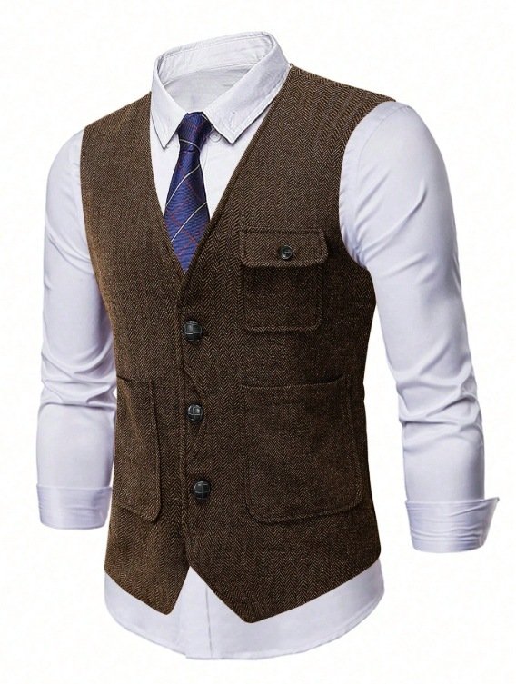 Men's Herringbone Tweed Vest – Classic V-Neck Waistcoat for Business & Casual