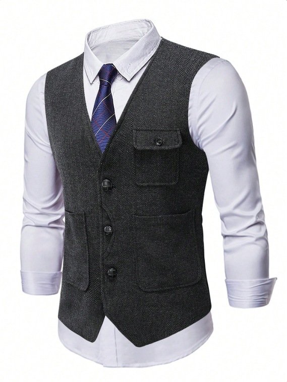 Men's Herringbone Tweed Vest – Classic V-Neck Waistcoat for Business & Casual