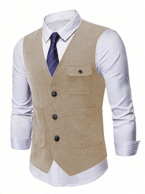 Men's Herringbone Tweed Vest – Classic V-Neck Waistcoat for Business & Casual