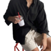 Men’s Black Linen-Blend Shirt & Beige Shorts Two-Piece Set