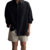 Men’s Black Linen-Blend Shirt & Beige Shorts Two-Piece Set