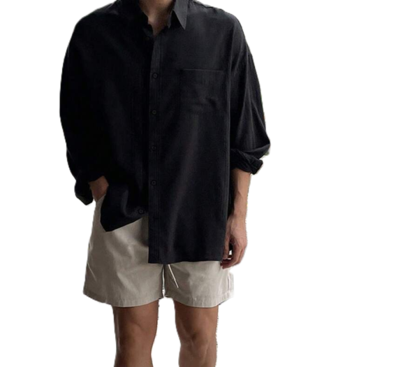 Men’s Black Linen-Blend Shirt & Beige Shorts Two-Piece Set