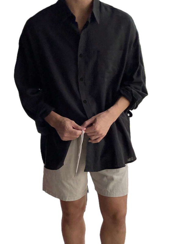 Men’s Black Linen-Blend Shirt & Beige Shorts Two-Piece Set