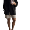 Men’s Black Linen-Blend Shirt & Beige Shorts Two-Piece Set