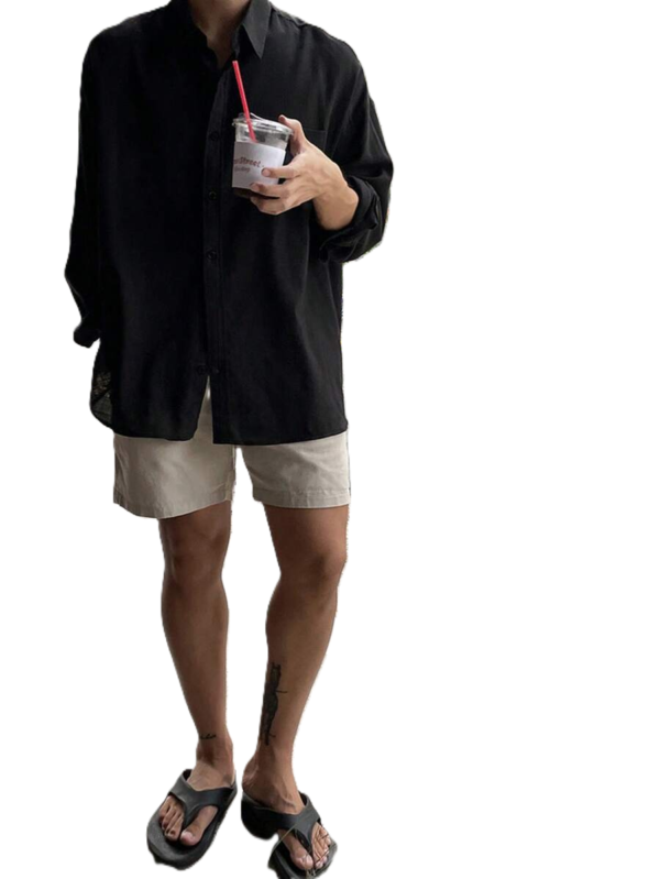 Men’s Black Linen-Blend Shirt & Beige Shorts Two-Piece Set