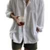 Men’s Oversized White Linen Shirt & Army Green Shorts Two-Piece Set