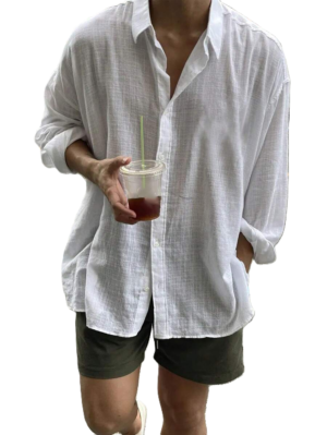 DM_20251220085843_001 Men’s Oversized White Linen Shirt & Army Green Shorts Two-Piece Set