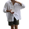 Men’s Oversized White Linen Shirt & Army Green Shorts Two-Piece Set