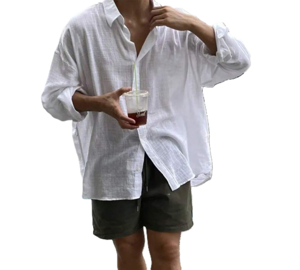 Men’s Oversized White Linen Shirt & Army Green Shorts Two-Piece Set
