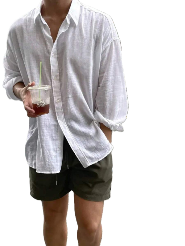 Men’s Oversized White Linen Shirt & Army Green Shorts Two-Piece Set
