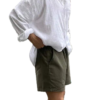 Men’s Oversized White Linen Shirt & Army Green Shorts Two-Piece Set