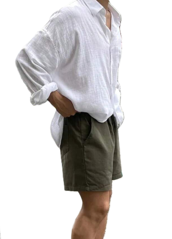 Men’s Oversized White Linen Shirt & Army Green Shorts Two-Piece Set
