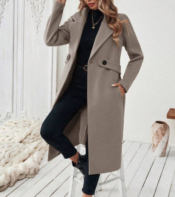Women’s Elegant Lapel Longline Wool Blend Coat - Casual Open Front Winter Overcoat with Button Detail