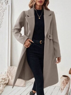 Women’s Elegant Lapel Longline Wool Blend Coat - Casual Open Front Winter Overcoat with Button Detail