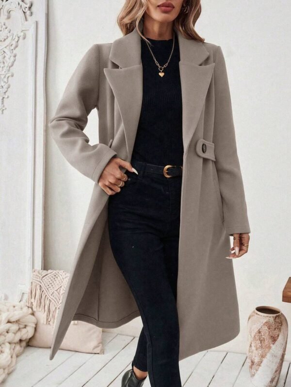 Women’s Elegant Lapel Longline Wool Blend Coat - Casual Open Front Winter Overcoat with Button Detail