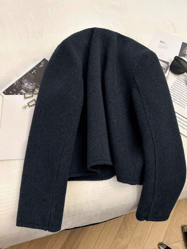 Women’s Minimalist Round Neck Wool Blend Cropped Jacket with Gold Buttons