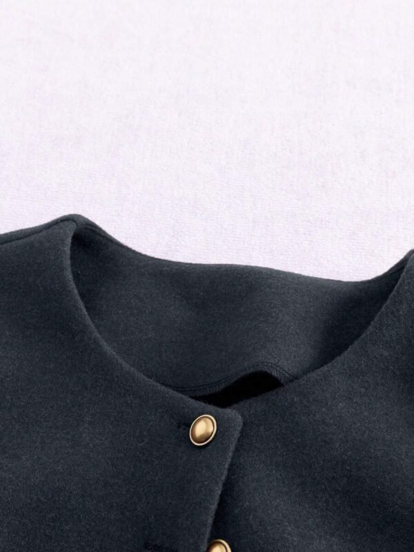 Women’s Minimalist Round Neck Wool Blend Cropped Jacket with Gold Buttons