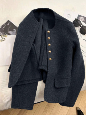 Women’s Minimalist Round Neck Wool Blend Cropped Jacket with Gold Buttons